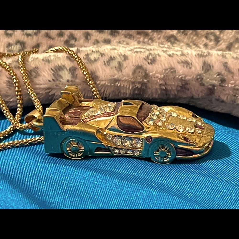 Betsey Johnson Gold and Teal Enamel Race Car Pendant Necklace